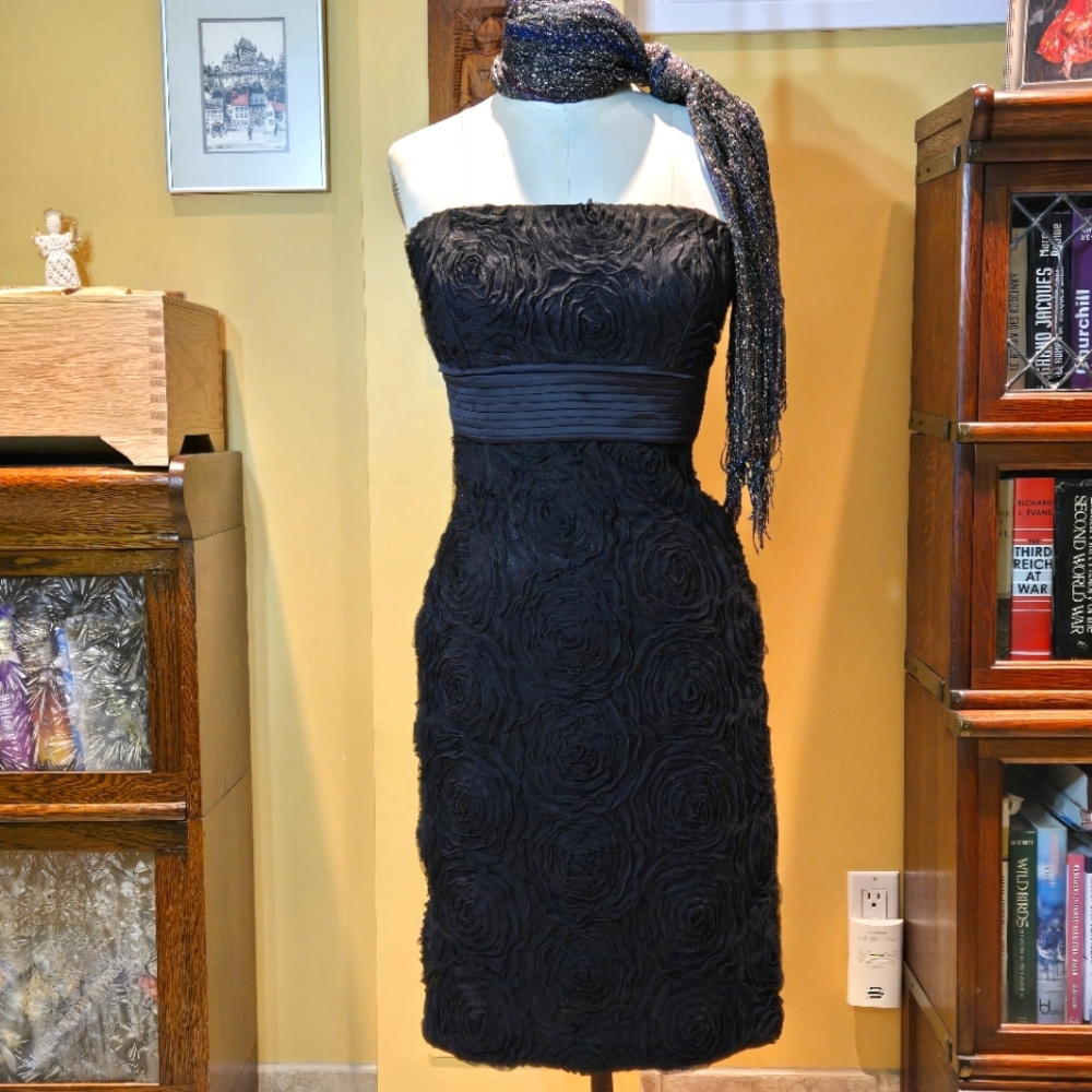 Black Strapless Dress, Vintage Ĺe Château Floral Textured Roses Design Dress